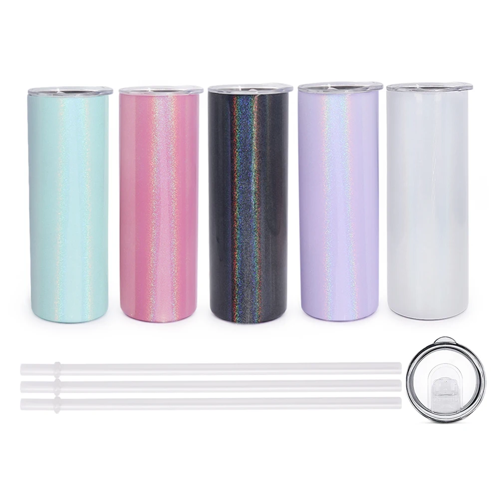 

New arrive wholesale stainless steel double wall straight shimmer cup with straw glitter sublimation tumbler 20oz us warehouse