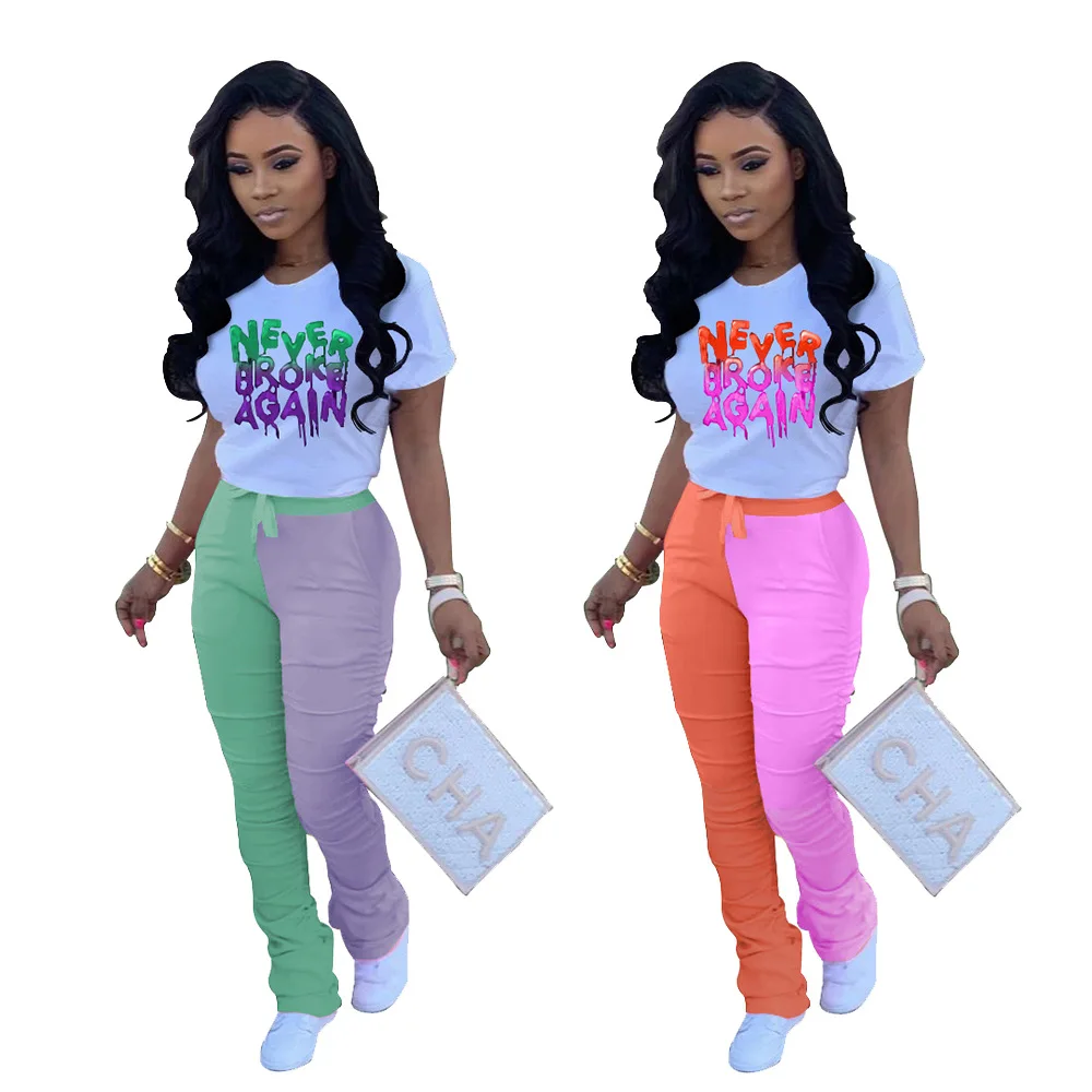 

2 piece set women Fashion Girl Two Piece Set Color Block Stacked Jogging Pants Plus Size Clothing Womans 2 Piece Summer Outfits, As picture