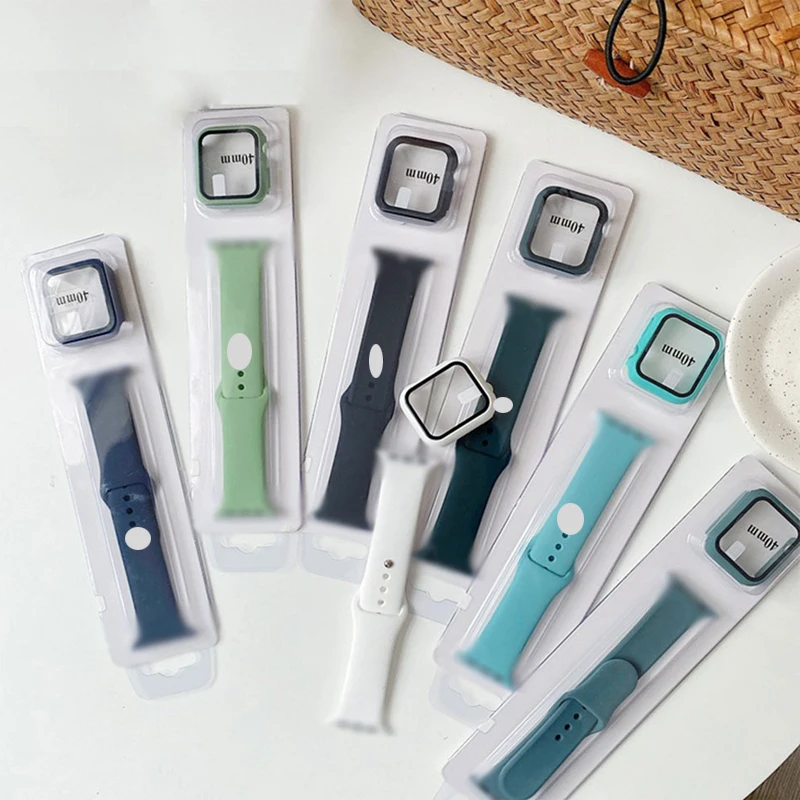 

360 Full Cover Bracelet Screen Protector Bumper For Apple Watch Band 38 40 42 44 45 Case iWatch series 3 4 5 6 7 Tempered glass, 20 colors