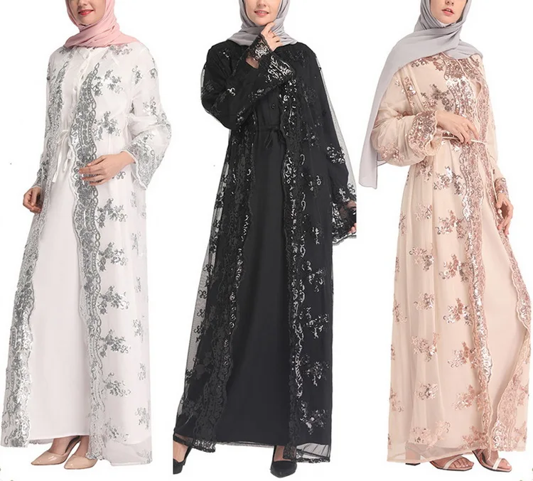 HG9843# Middle East Modern Muslim Maxi Dress Dubai Islamic Clothing Crochet Hollow Out Open Abaya Lace Cardigan Robes