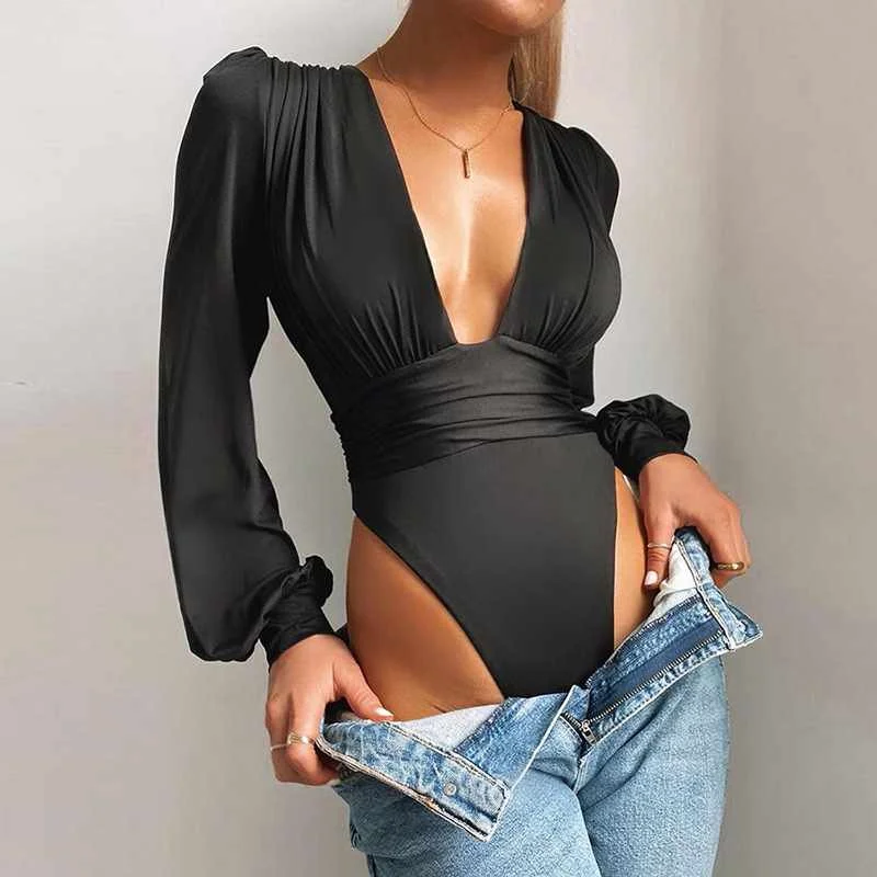 

Deep V-Neck Solid Color Jumpsuits Winter And Fall Sexy Club Wear Women Bodysuit Jumpsuit, 4 colors