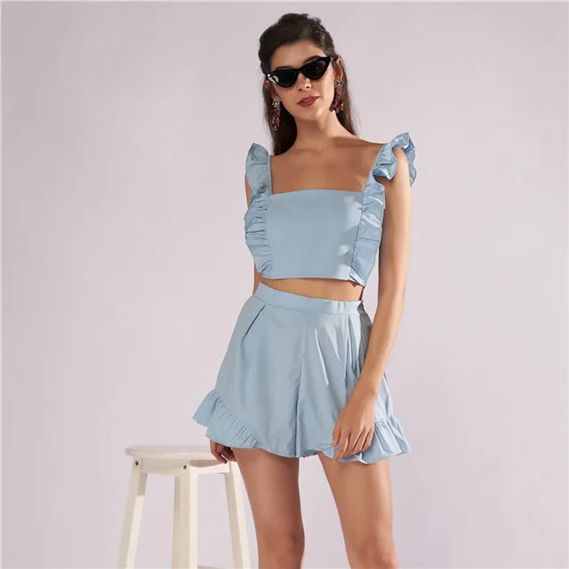 

2021 Solid Color Short Sleeveless Top and Shorts Women's Set Fashion Women's Set, Picture showed