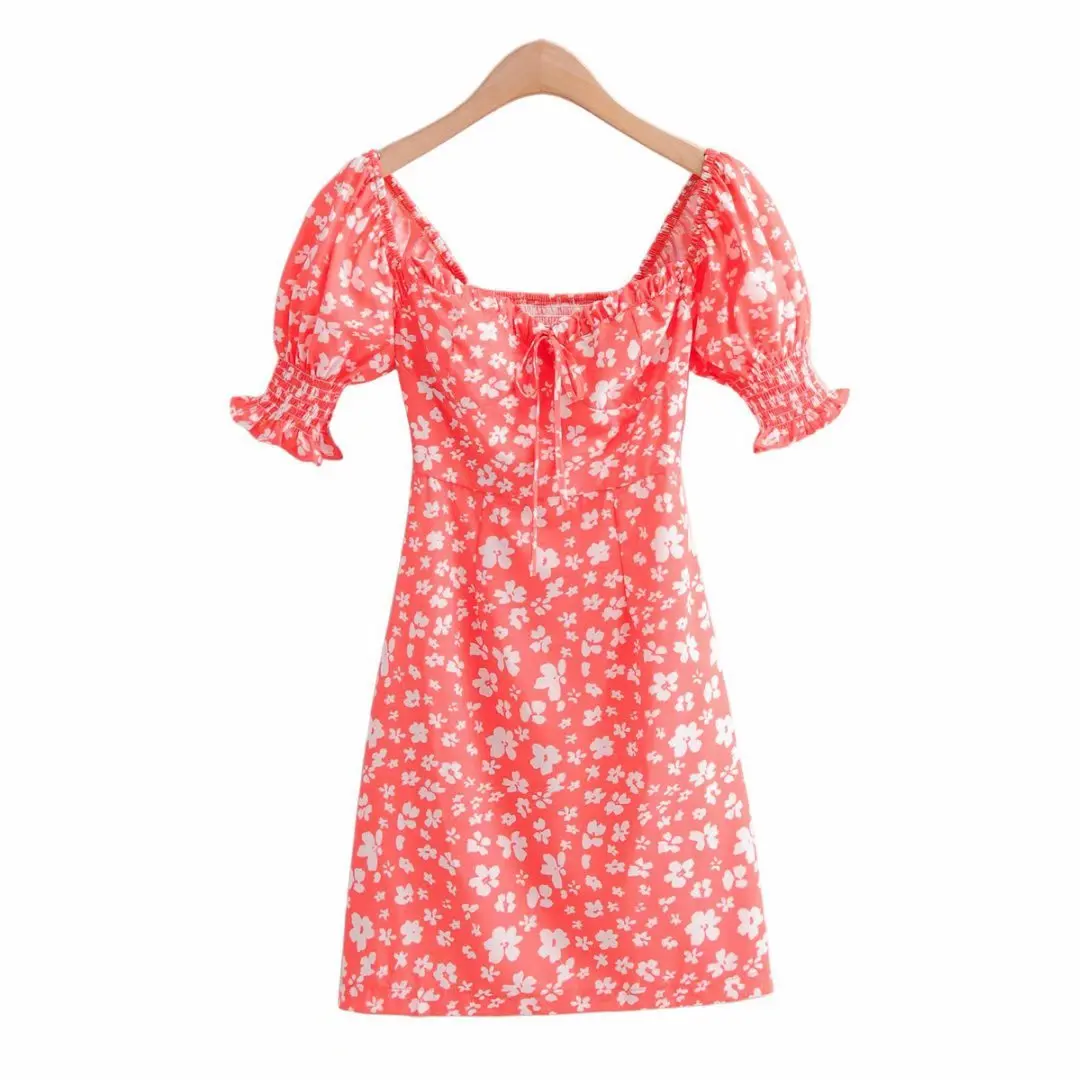 

2020 new arrivals summer short sleeve square collar bow neck tie women floral printed casual dresses