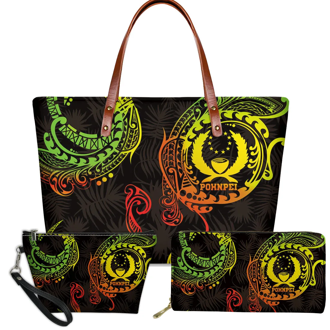 

Drop Shipping Polynesian National Emblem Print Women Soft Neoprene Material Women Handbags Pu Purses And Wallet Cosmetic Bag Set