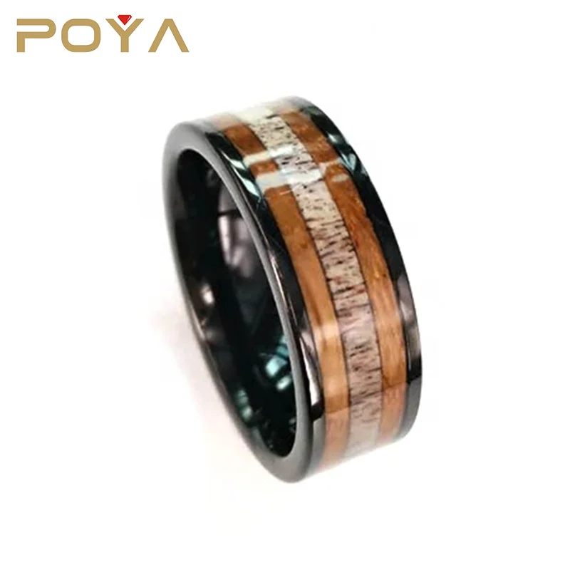 

POYA Jewelry 8mm Black Flat Top Tungsten Inlay Antler and Whiky Barrel Wood Wedding Band