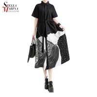 

New 2019 Korean Style Summer Midi Black Dotted Shirt Dress Lapel A-Line Knee Length Women Plus Size Clothing Dresses