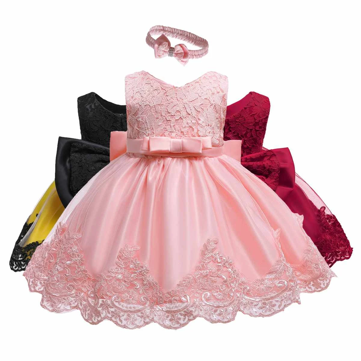 

Baby Dress with Bow Newborn Girls Princess Birthday Party Pink Dresses Fancy Frock Wholesale Baby Girl Baptism Gown White Dress, White.pink.blue.purple.green.red