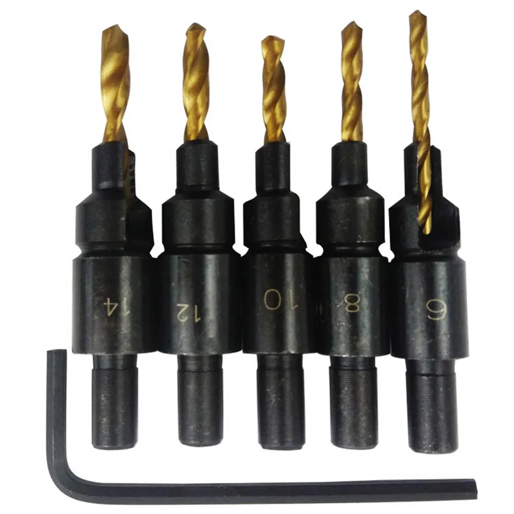 5 PCS Woodworkers Countersink Drill Bit #6 #8 #10 #12 # 14 Counterbore