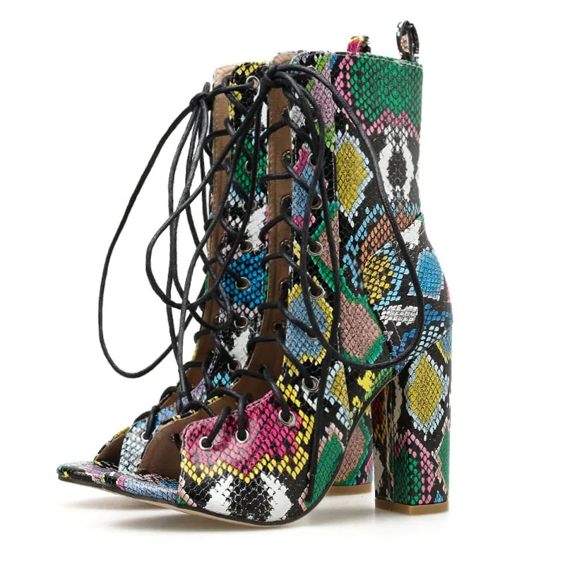 

Roman new cool boots lacing with colorful snakeskin chunky heels open toe sandals in stock for women, As shown in figure