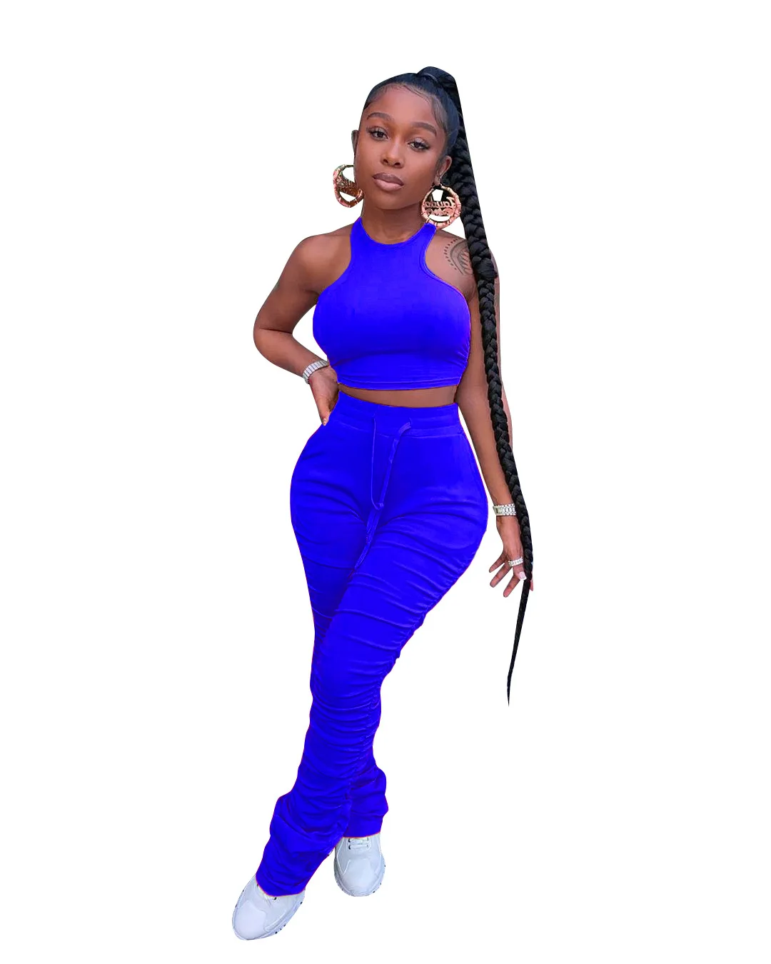 

Solid Color Sleeveless Crop Tank Top Stacked Pants 2 Piece Pants Sets, White,pink,red,yellow