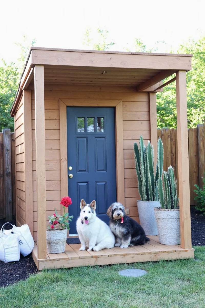 High-end finishings inside a converted shed including fireplace, chandelier, and pet lounge