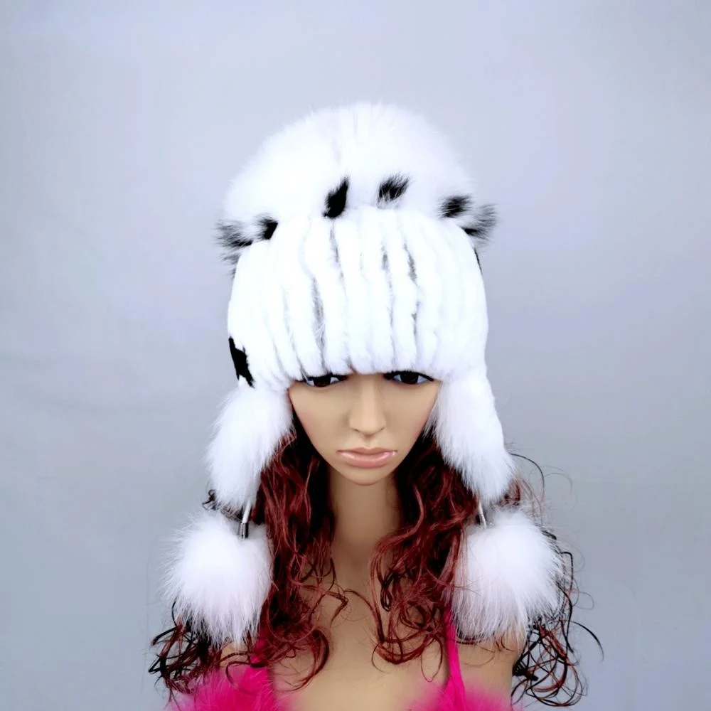 Women Winter Rex Rabbit Fur Hat Real Knitted  Fur Caps Female Russian Warm Beanies Hat New Women's Fur Hat