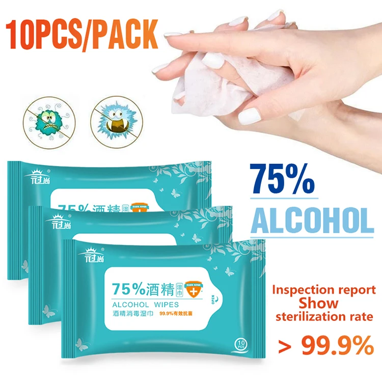 

10 pieces / bag portable wipe disinfectant with 75% antibacterial disinfection wet alcohol hand wipes