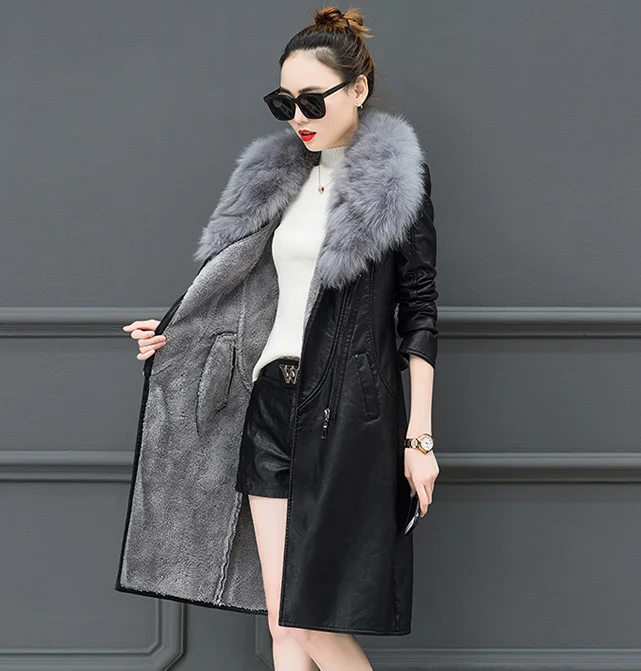 

leather jacket women plus velvet thick long section new slim large fur collar leather coats black clothing lady coats