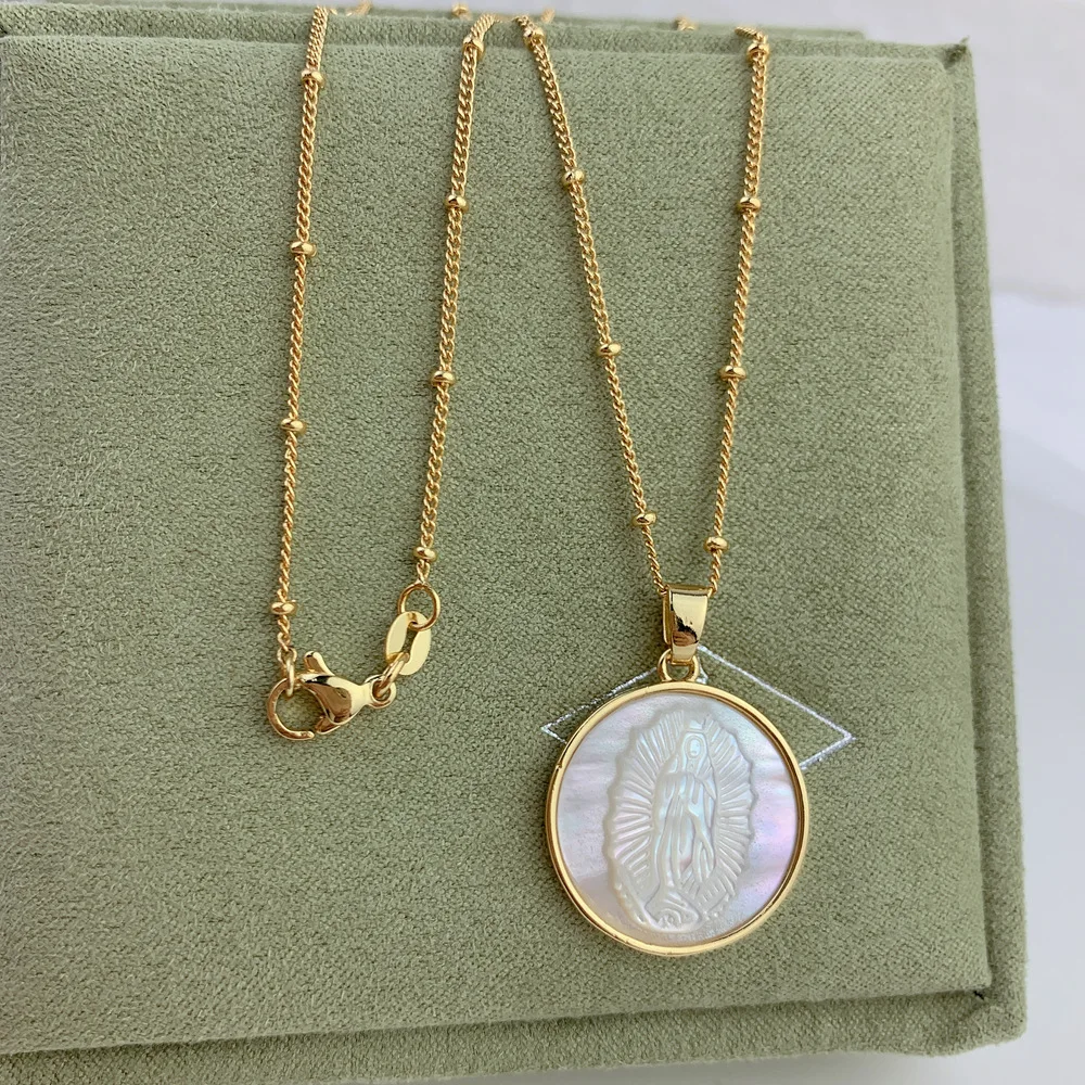 

New design round gold alloy white fritillary shell choker our Lady of Guadalupe chain pendnat jewelry ladies necklace