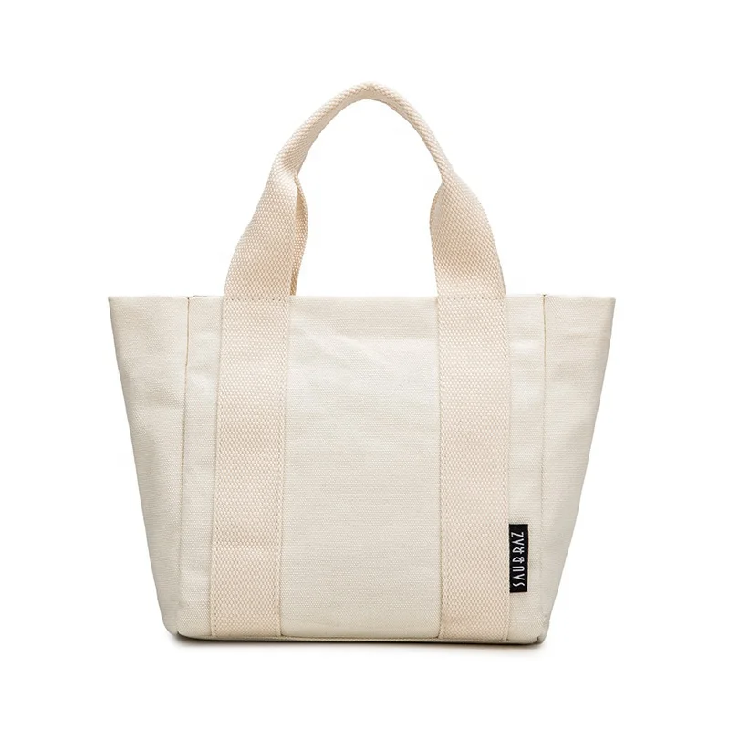 

Trendy simple white small tote soft handle shopping lady canvas bag