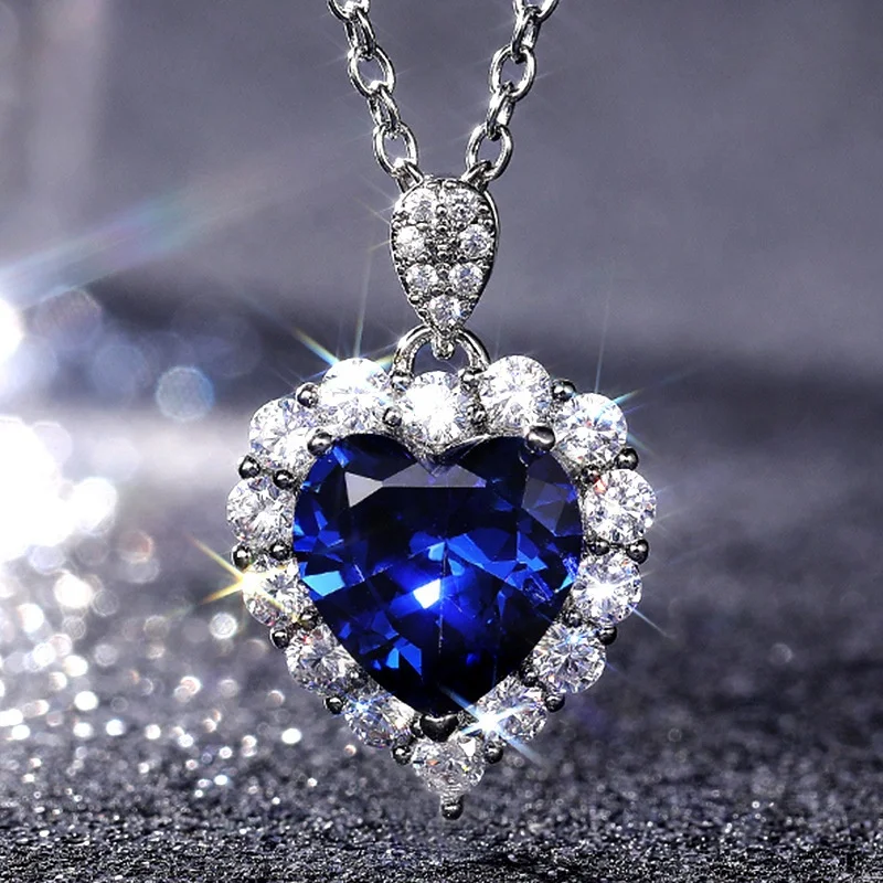 

Women Fashion Classic Heart Blue Crystal Pendant Necklace Shiny Cubic Zircon Stone Chain Choker Wedding Necklace, Customized color