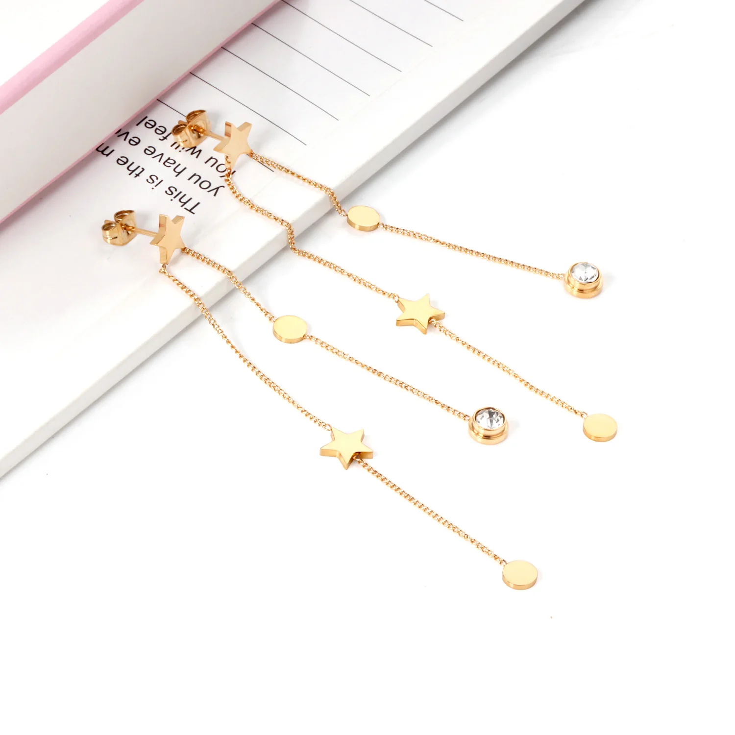 

New design Popular star diamond reel chain gold plated plating drop earrings wedding/date/show wear earring