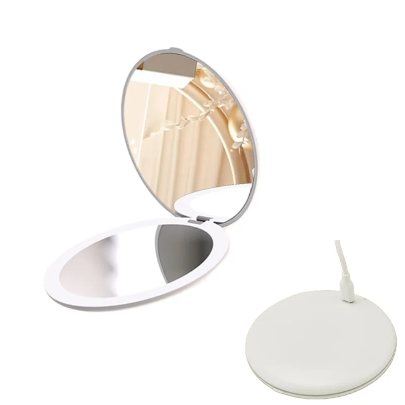 2X Magnification Double-Sided Foldable Round Makeup Mirror with LED Light Handheld Vanity Tabletop Compact Pocket Design