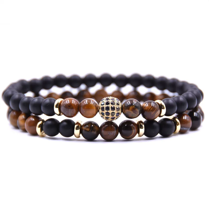 

6mm Onyx and tiger eye stone Gemstone Bracelets jewelry set howlite stone round jade beaded bracelet 2PCs, Multi-colors