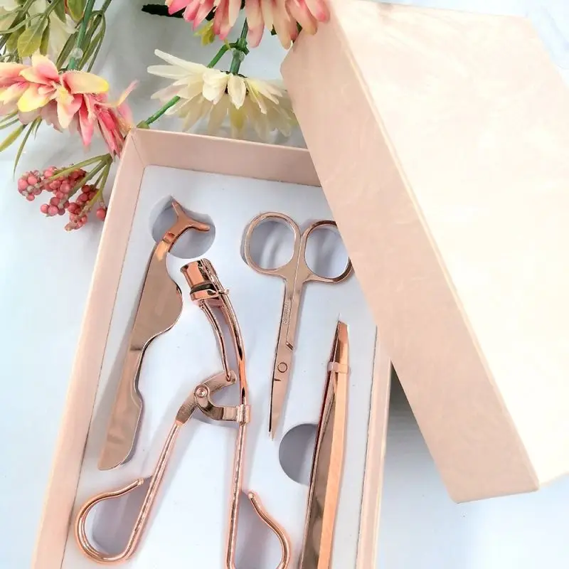 

Wholesale Private Label eyelash scissors customized box add logo four pieces set lash curler eyelash tweezers