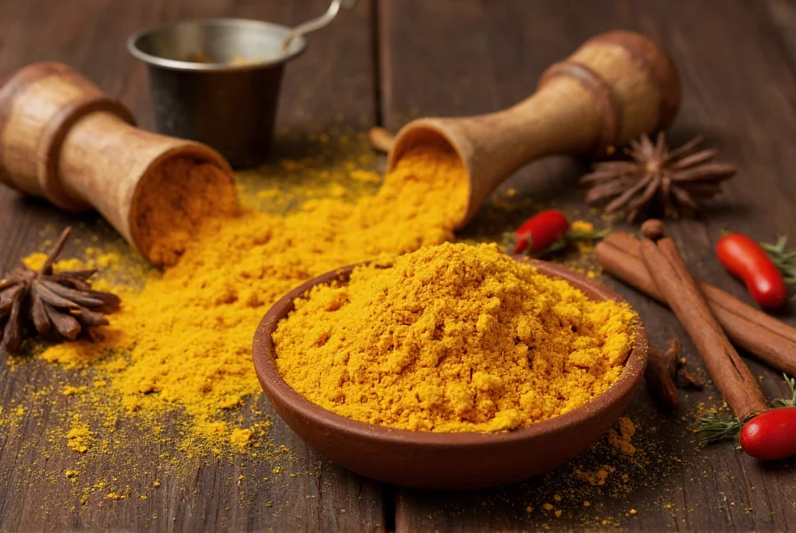 Traditional Indian kitchen scene showing turmeric being used in cooking with various spices