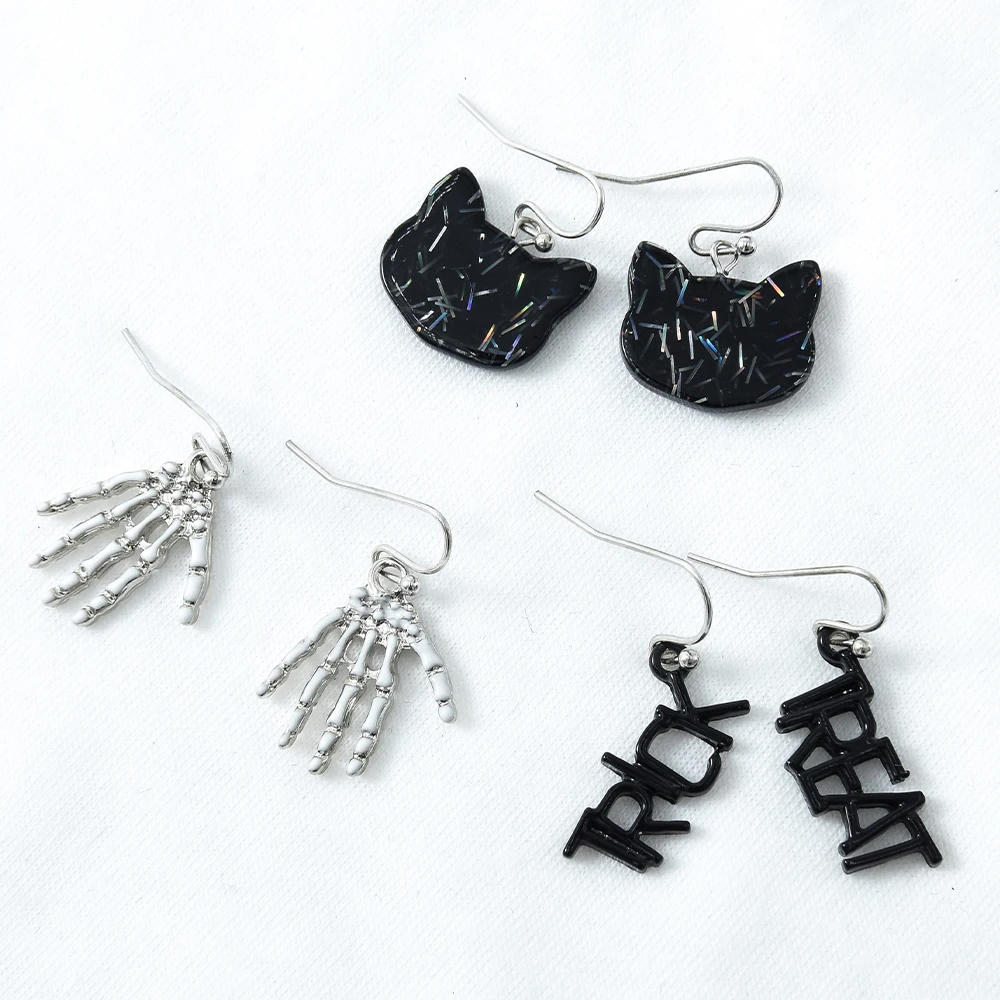 

Veijer 2020 New Halloween Jewelry Cute Cat Skull Hand Letter Drop Earrings Set, Multi