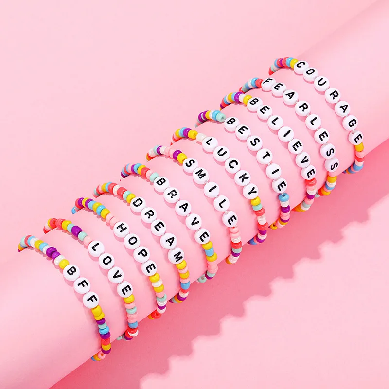 

Customized Sweet Girls Kids Rainbow Color Bracelet Gifts Handmade Cute Word Letter Elastic Friendship Bracelets