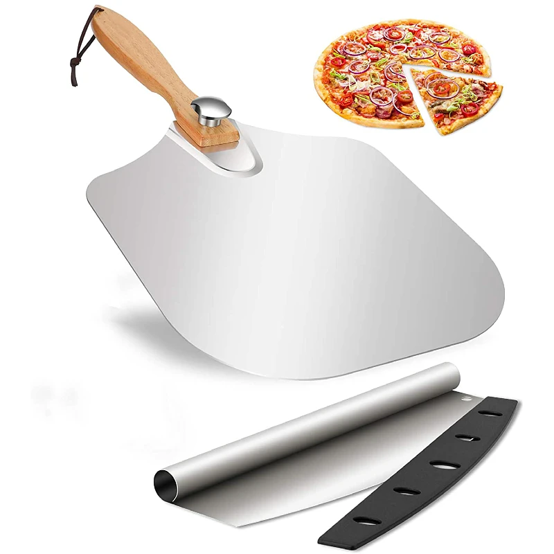 

Premium Non-stick Metal Paddle With Wood Handle Aluminium Pizza Peel Moveable Aluminium Shovel Square Pizza Peel, Silver