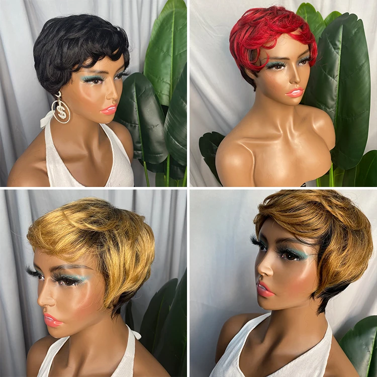 

Indian Brazilian Cheap Virgin Human Hair With Black Women Short Curly Lace Front Wig Pixie Cut Wavy