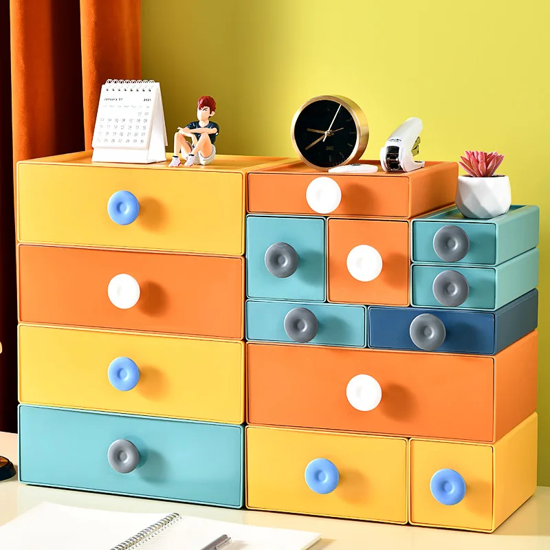 

Plastic storage drawers box stackable office desk organizer desktop storage boxes desktop organizer desktop drawer organizer, Yellow, orange, green, blue