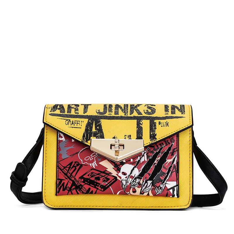 

AJI fashion women classic design sling bag graffiti ladies hand bags square shoulder bag shoulder handbags, Black yellow