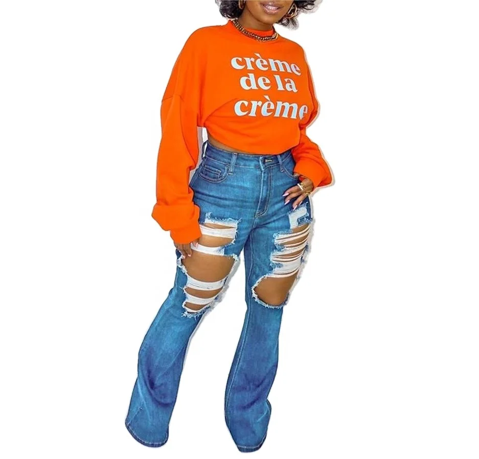 

Wholesale Casual Stretch Slim Denim Jeans Long Pants Ripped Flared Femme Fashion Pants Jeans Women
