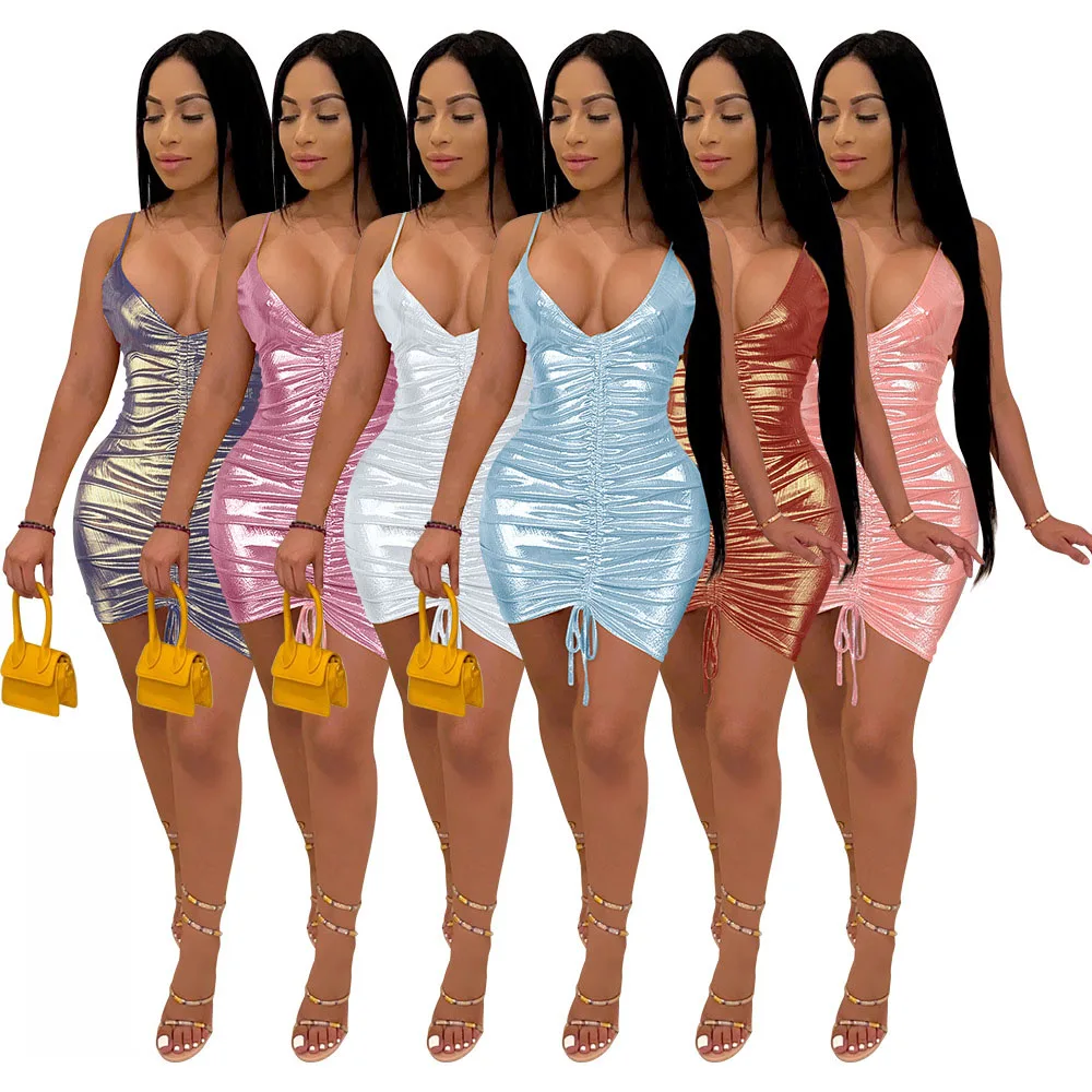 

Summer Sexy nightclub pleated sling bag hip drawstring evening dresses club dress elegant casual dresses, 6 colors