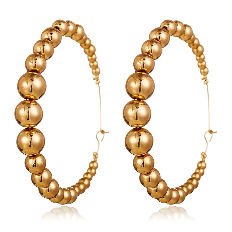 

Fashion Designs Women Big Circle Bead Earring Large Polished Hammered Gold Beaded Hoop Earrings, As picture