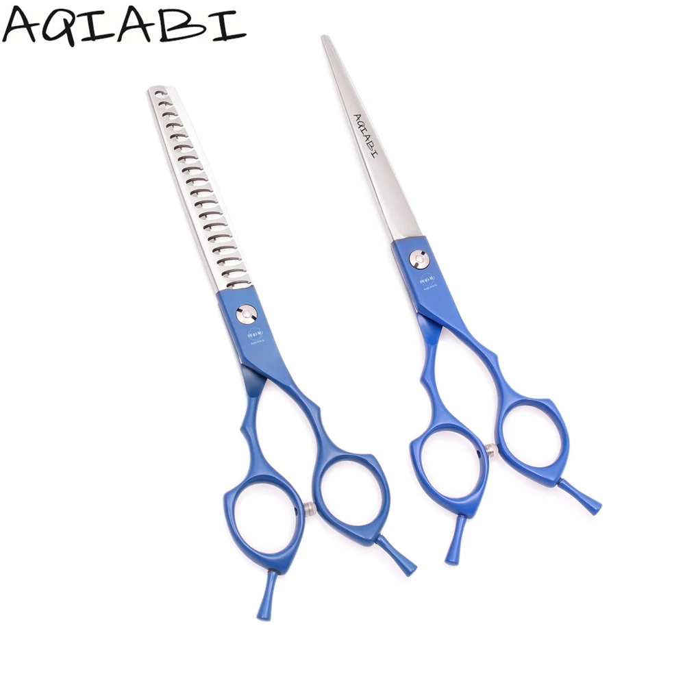 

Dog Grooming Kit 6.5" AQIABI JP 440C Dogs Cats Scissors Straight Shears Thinning Shears Pet Scissors Blue A9029, Blue handle