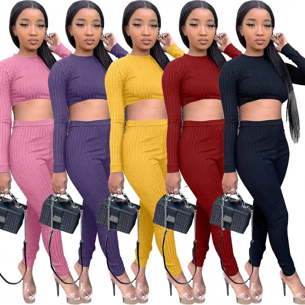 

2021 Spring Fashion Fitness Long Sleeve Crop Top Sweat Womens 2 Piece Outfit Two Piece Set
