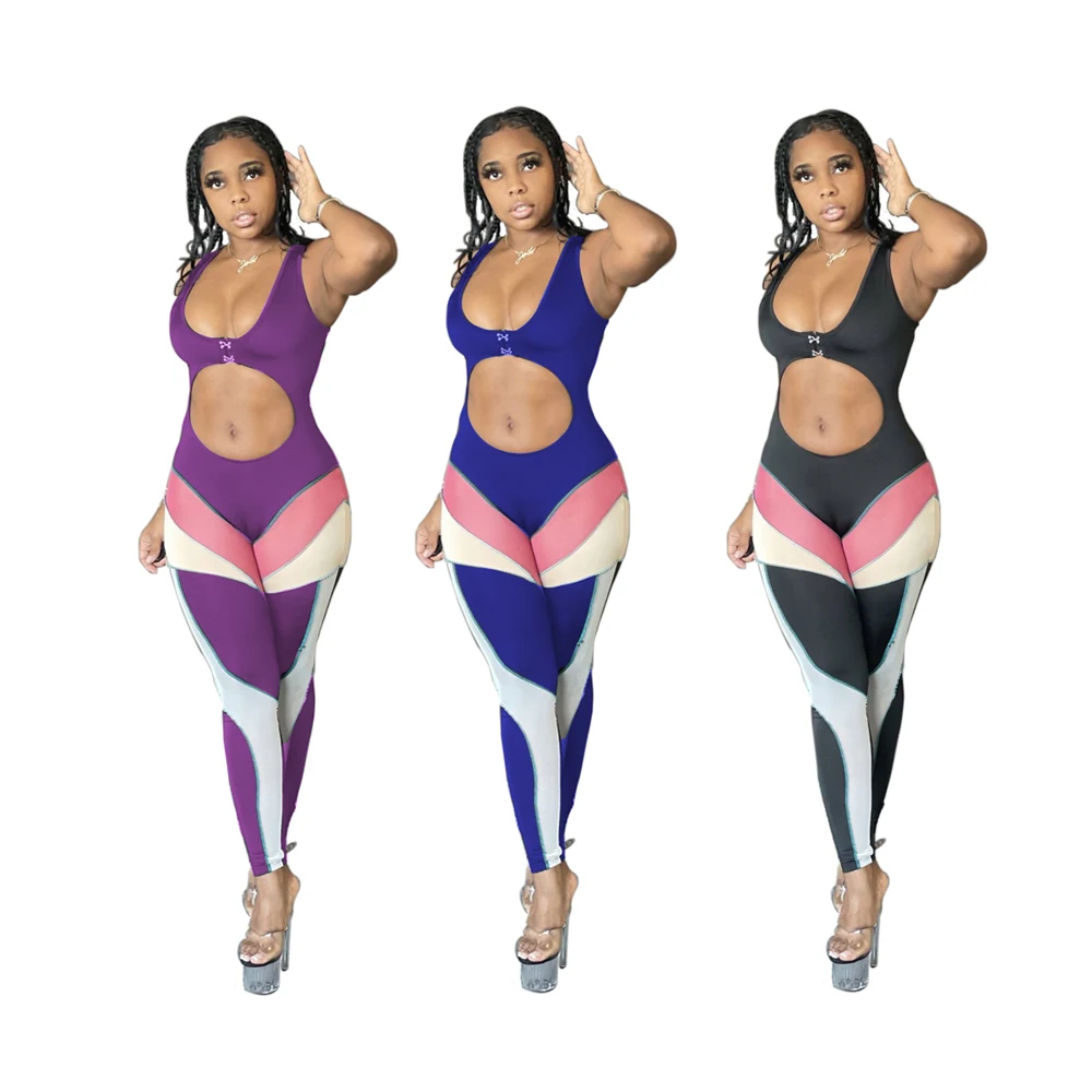 

Foma TS1110 women clothes summer 2021 sexy bodycon color contrast sports hollow out navel yoga one piece jumpsuit, 3 colors