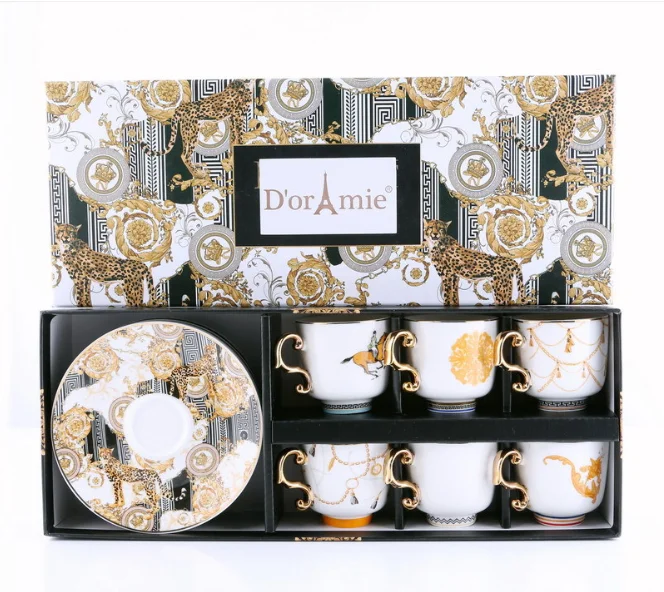 

gold handle small luxury Turkish coffee 6-Piece ceramic coffee cup dish set concentrated turkey small mini 6 saucers 6cups sets, Bone china cup