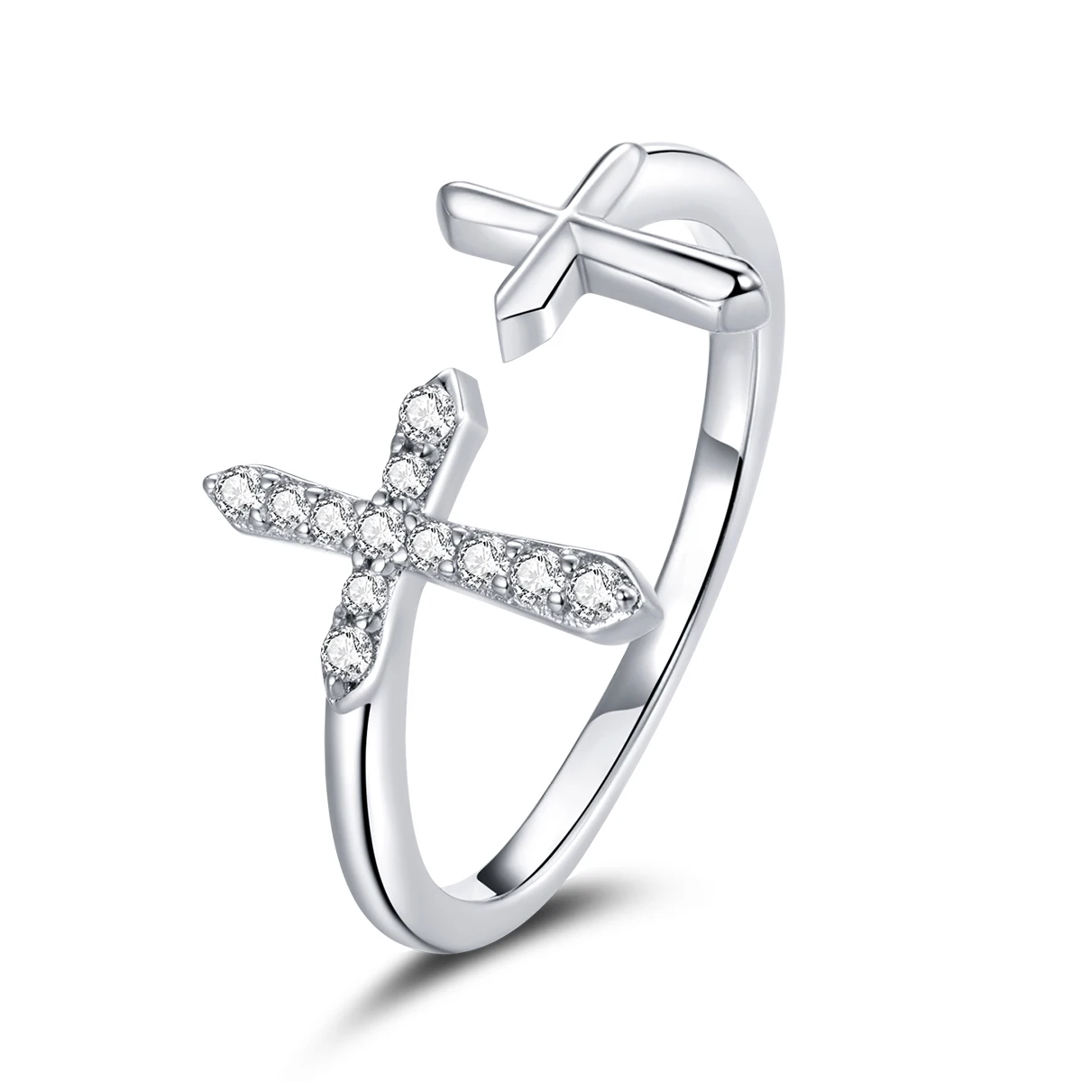 

Shining white cubic zirconia cross 925 silver adjustable ring