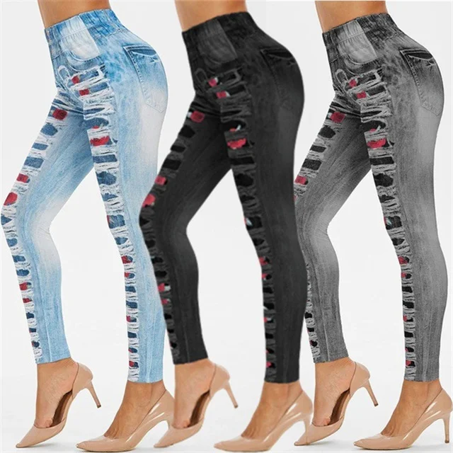 

Hot Sales Ladies Fashion Rose Print Denim Sports Leggings Jeans For Women, Picture color