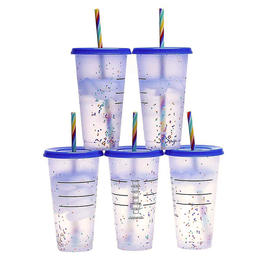 

16oz 24oz wholesale food grade glitter Rainbow 5 pack cold color changing confetti plastic drink cups with lids, Pastel/ translucent