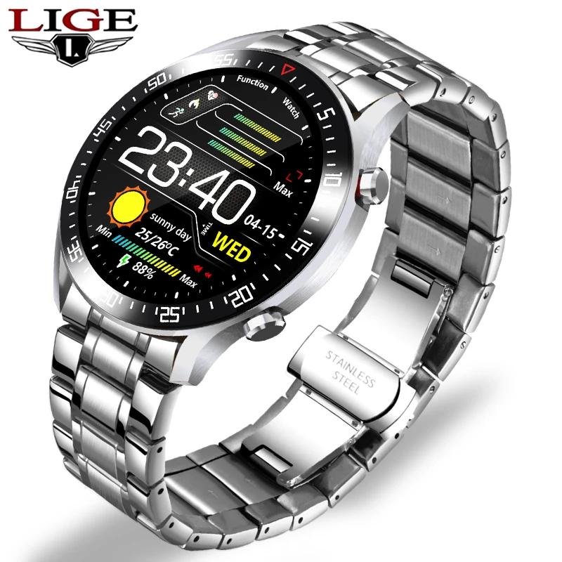 

LIGE 2021 New Steel Band Digital Watch Men Heart Rate IP68 Waterproof Full Touch Screen Luxury Wristwatch Mens For Xiaomi Huawei