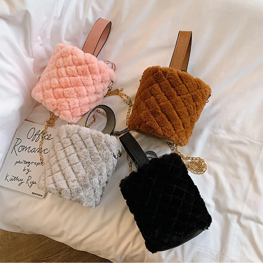 

FANLOSN Trending Winter Fur Drawstring Bag Bucket Handbags For Women Round Purse, Gray,black,pink,brown