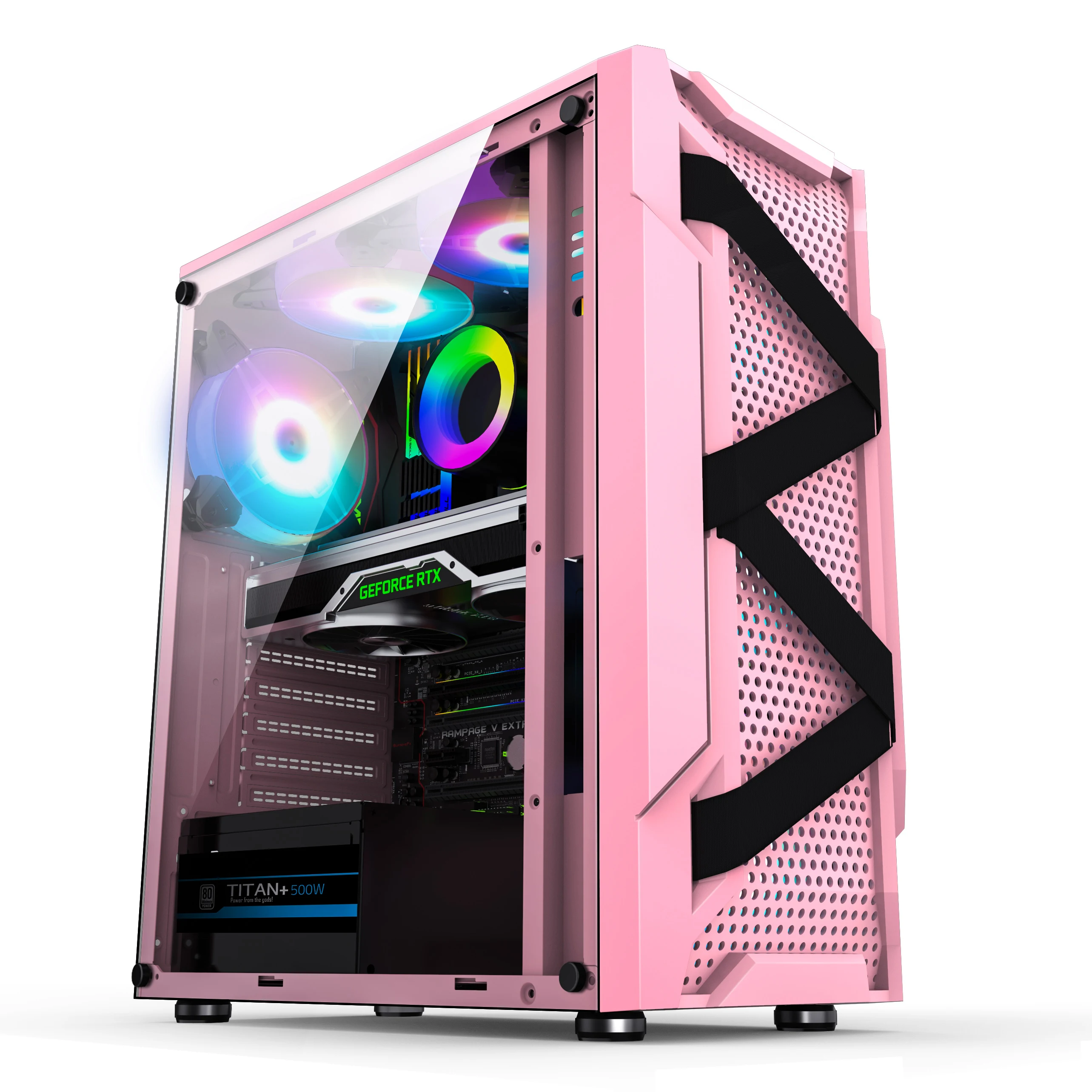 

2021 new design tempered glass pink color ATX full tower gaming pc case High quality gamer cabinet