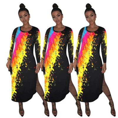 

2020 New Spring Ladies Print Long Sleeve Dress Commuter Casual Ladies Long Dresses Fashion Women's Plus Size Slim Fit Maxi Dress, Picture