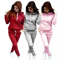 

Winter fashion casual high quality solid color fleece jogging long sleeved loose hoodie sportswear suit for women
