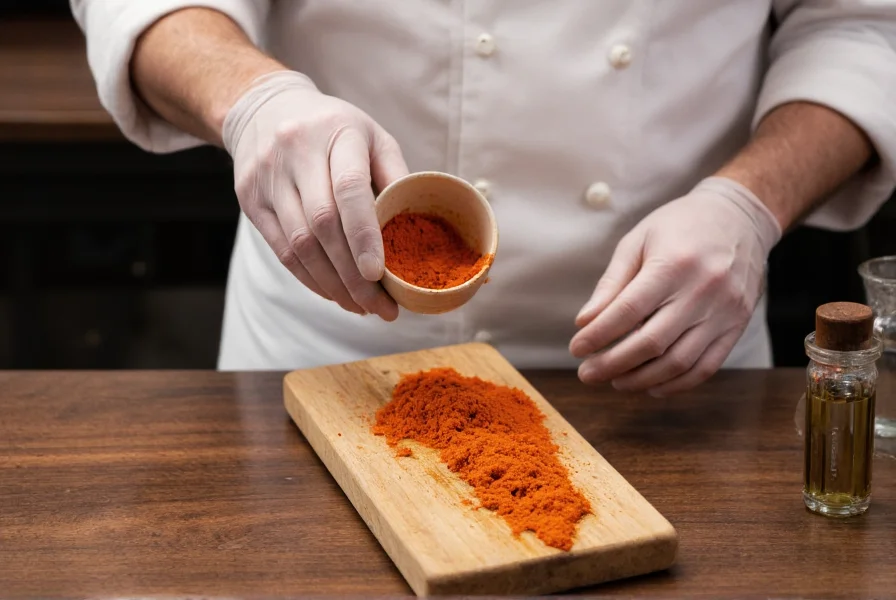 Chef wearing gloves carefully measuring scorpion pepper powder into a small bowl for sauce preparation