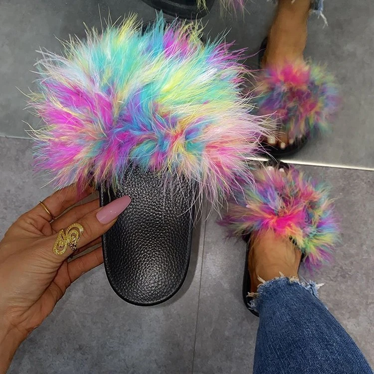 

Trendy 2021 Open Toe Ladies Furry Faux Fur Slippers Soft Summer Designer Fluffy Sandals Fur Slides Women, As pictures or customized color