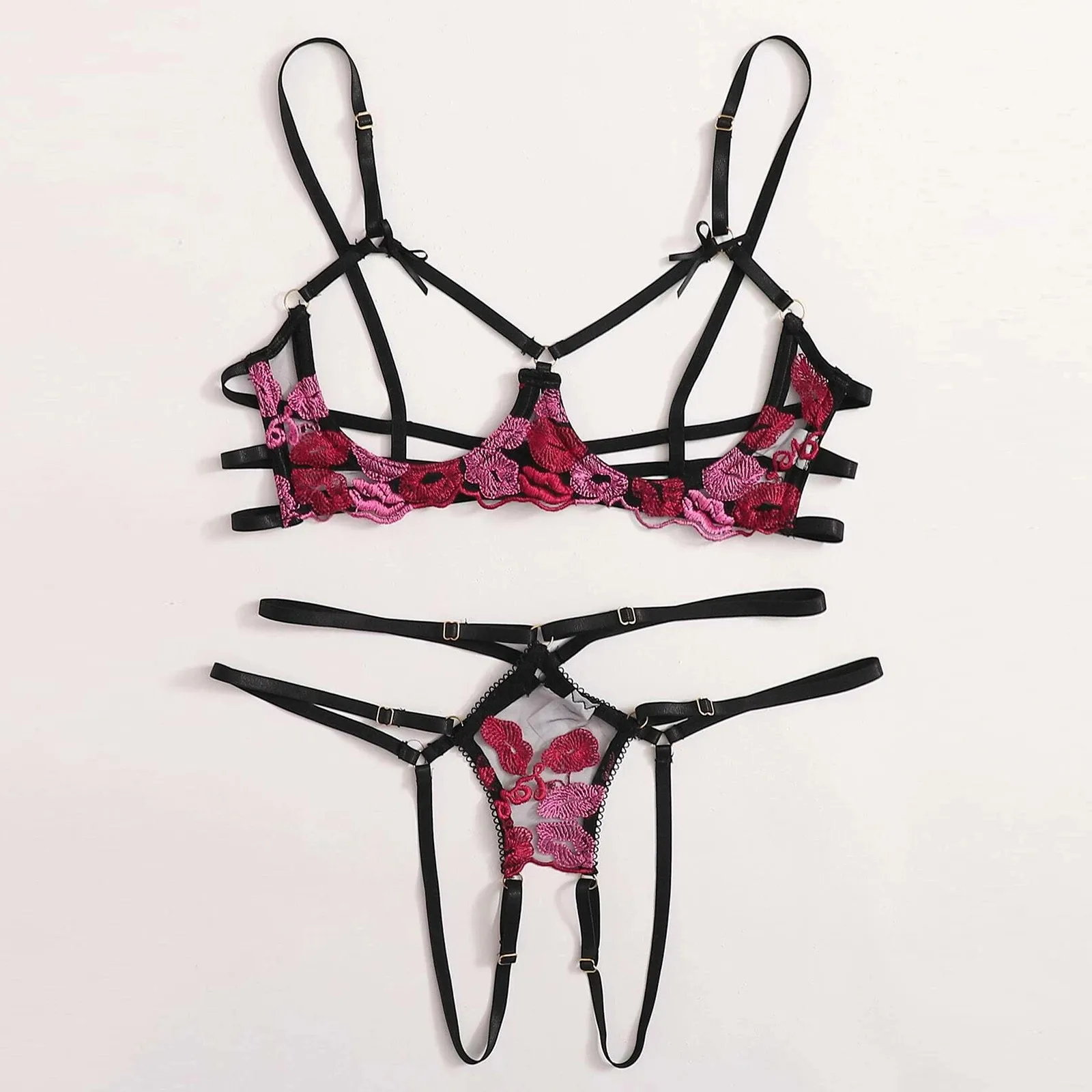 

Hot Erotic Front Open Bra Sexy Lingerie set with hollow out Thong Panty, Black